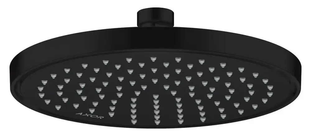 Schwarze Kopfbrause von AXOR mit runder Form und mehreren Wasserstrahlöffnungen, montierbar an Decke oder Wand.